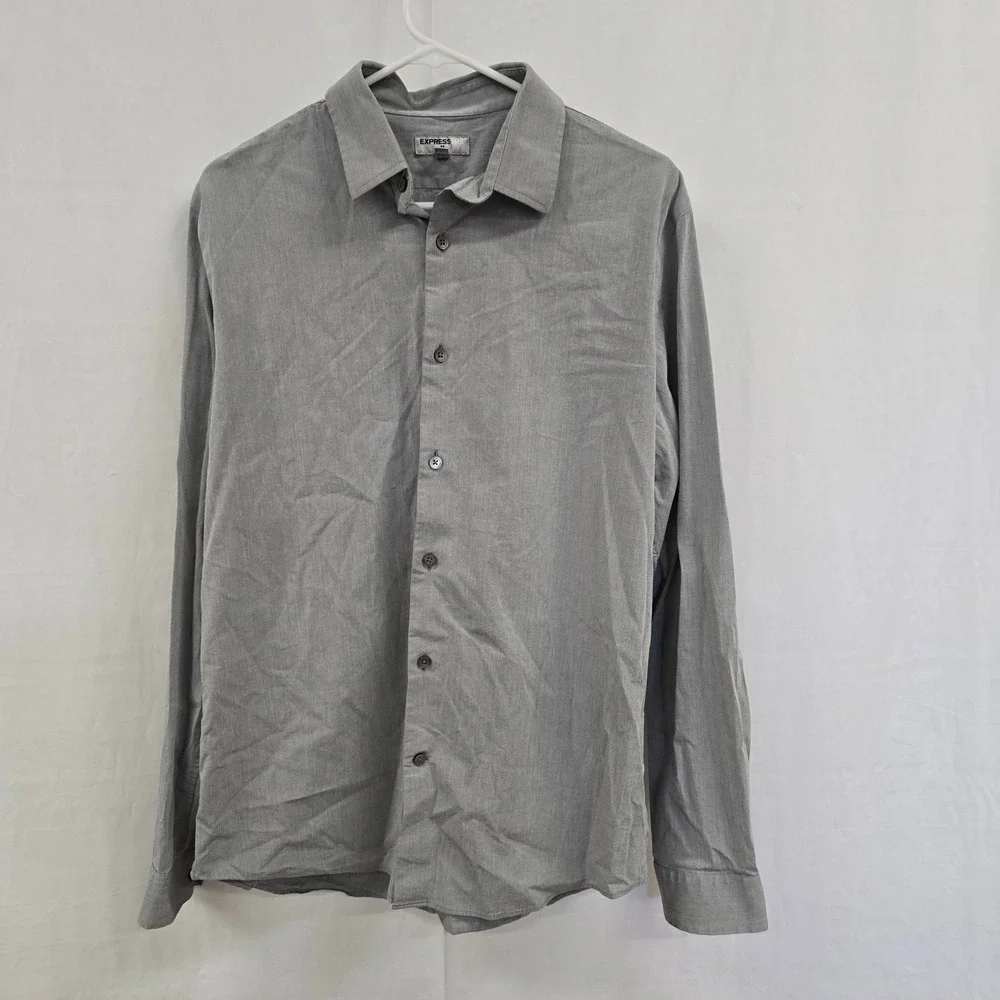 Express 1MX Mens Fitted Button Down Shirt‎ Gray Long Sleeve Dress Shirt Size L